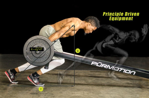 A triangle graphic is overlaid over the man using the DRB product to emphasize the strength training involved with this Purmotion product. Text says "Principle Driven Equipment".